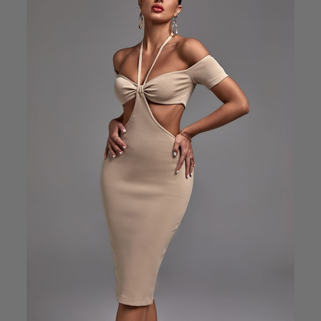 Chelsea - Champagne Halter Cutout Bandage Dress - Model Mannequin
