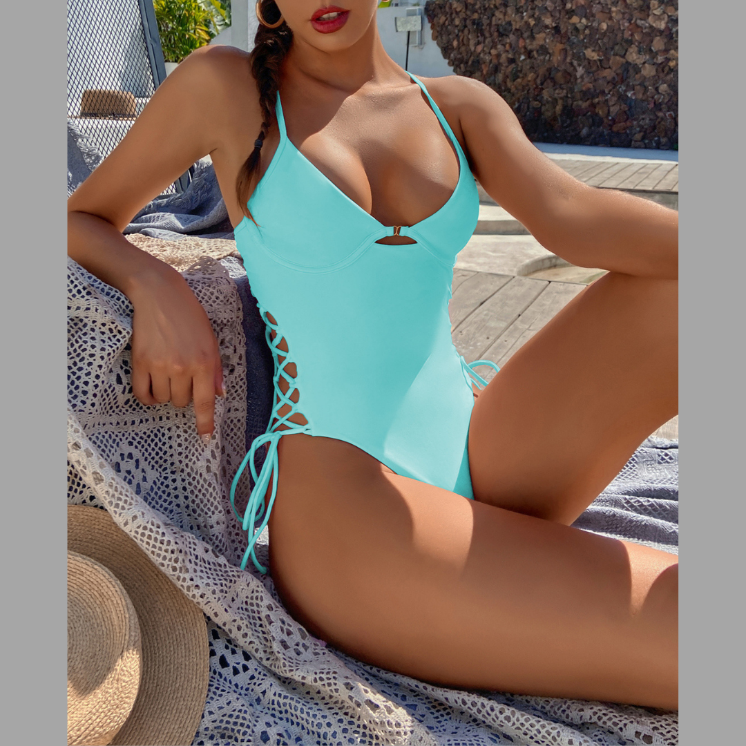 Blue Lace Up One Piece Swimsuit - Model Mannequin