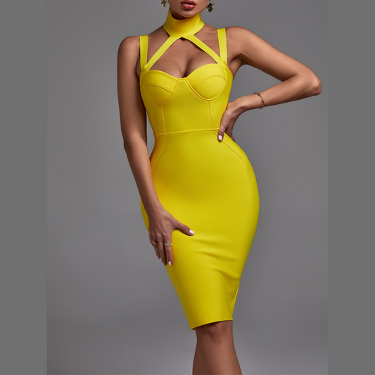 Madison - Yellow Mock/Halter Neck Bandage Dress - Model Mannequin