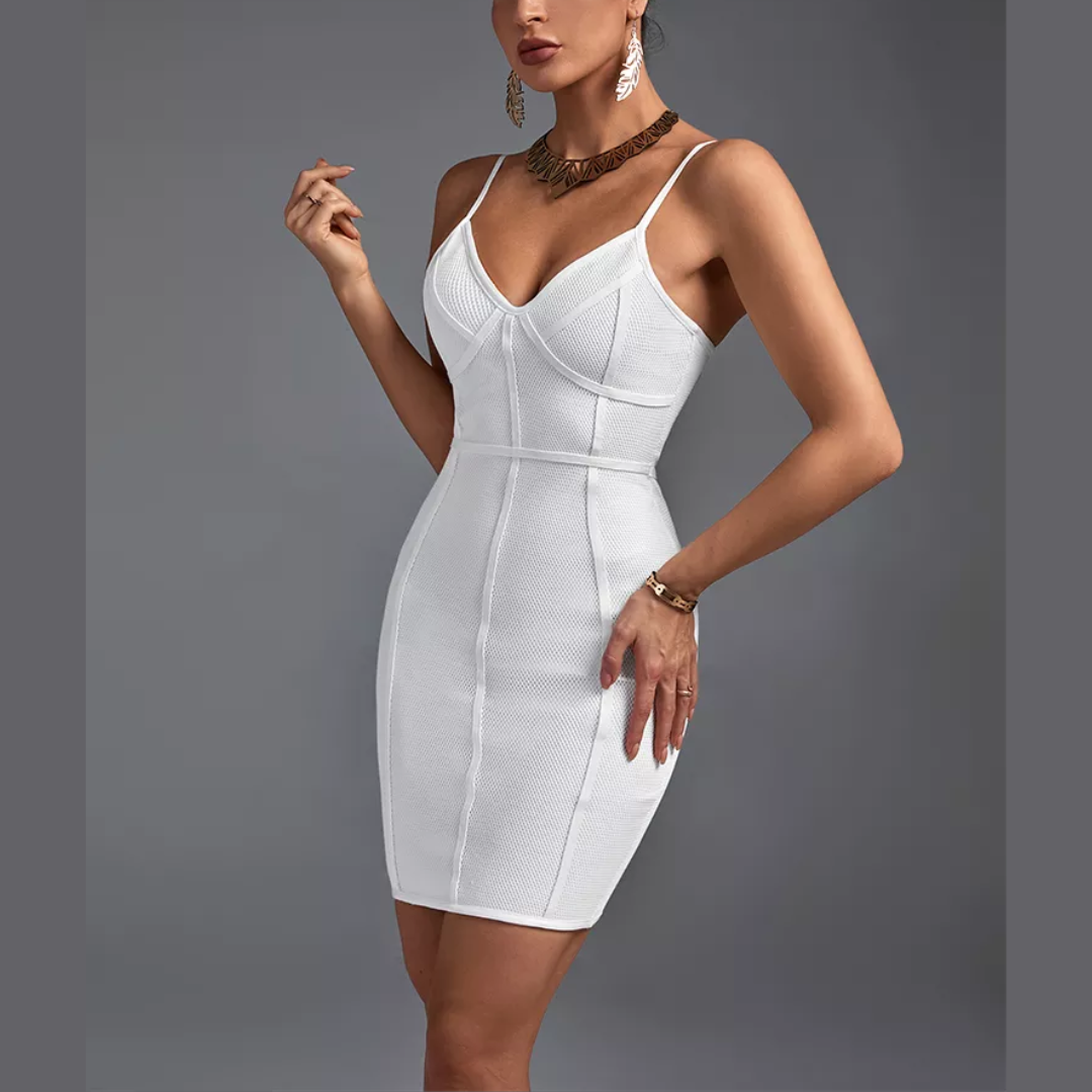 Reese - White Ribbed Spaghetti Strap Bandage Dress - Model Mannequin