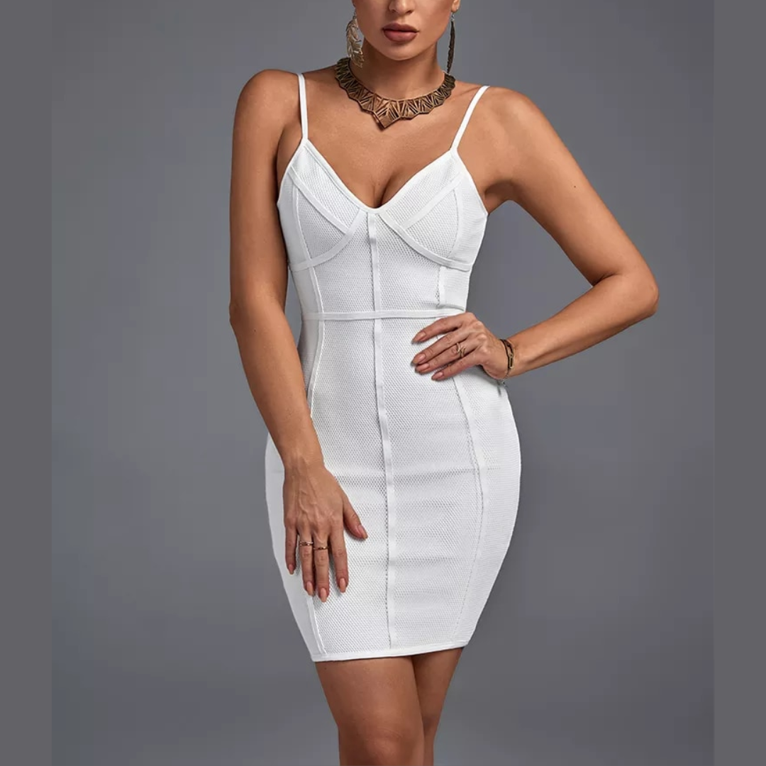 Reese - White Ribbed Spaghetti Strap Bandage Dress - Model Mannequin