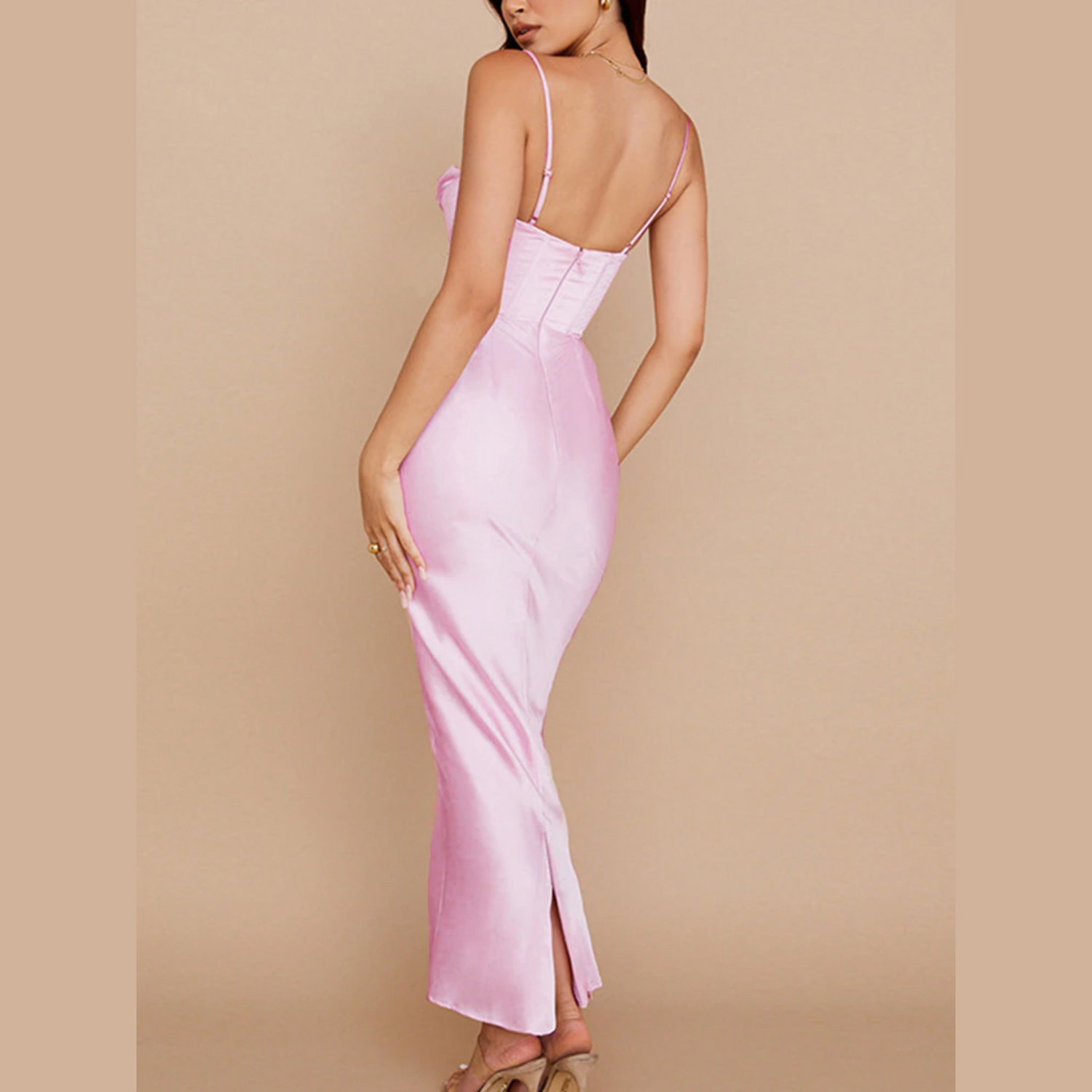 Clarise - Pink Satin Maxi Bodycon Dress - Model Mannequin