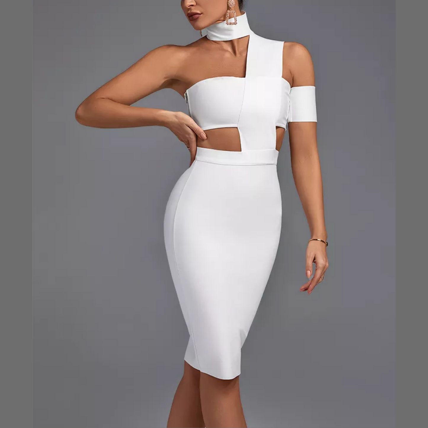 Freya - White High Neck Cutout Bandage Dress - Model Mannequin