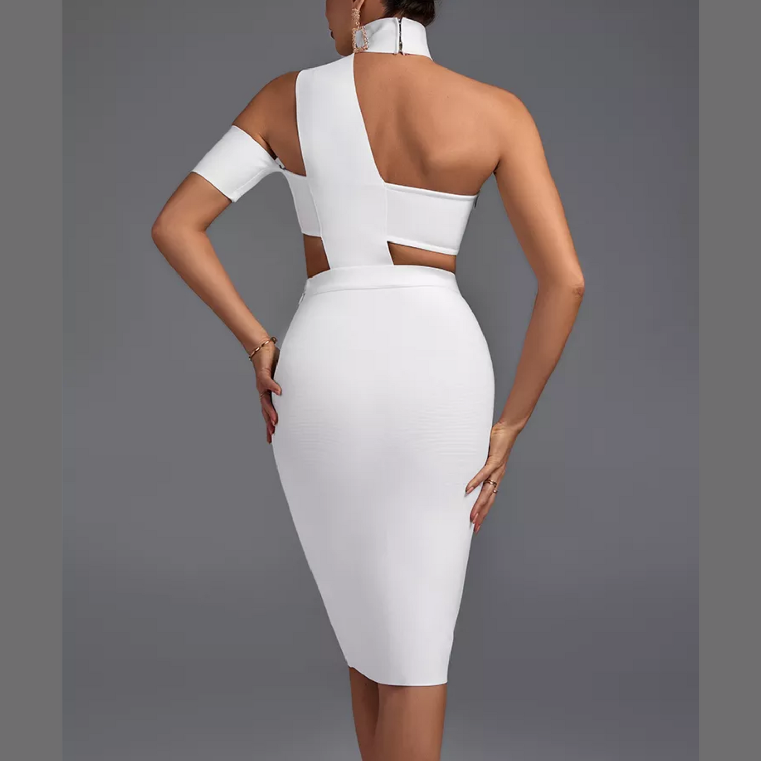 Freya - White High Neck Cutout Bandage Dress - Model Mannequin