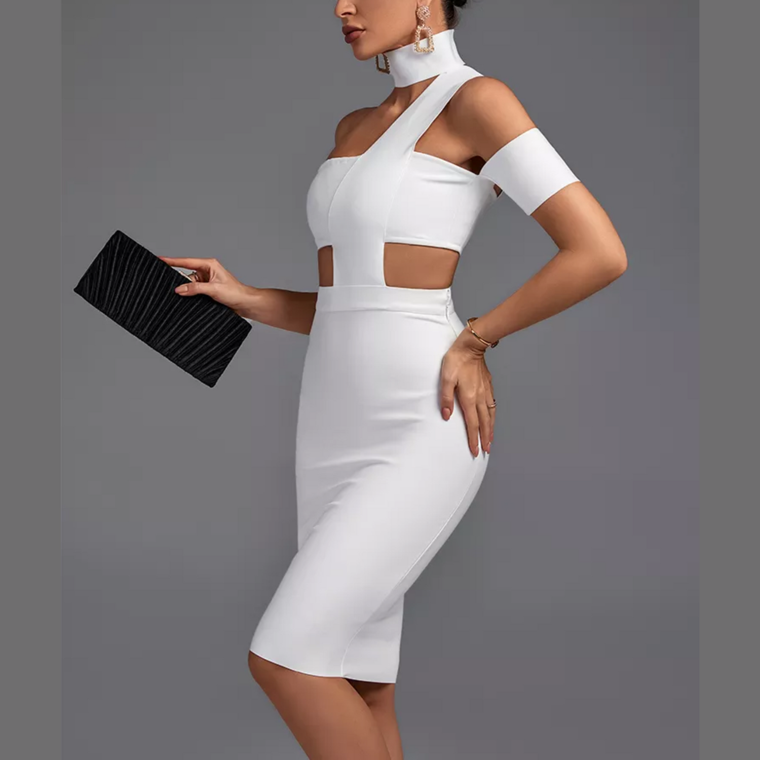 Freya - White High Neck Cutout Bandage Dress - Model Mannequin