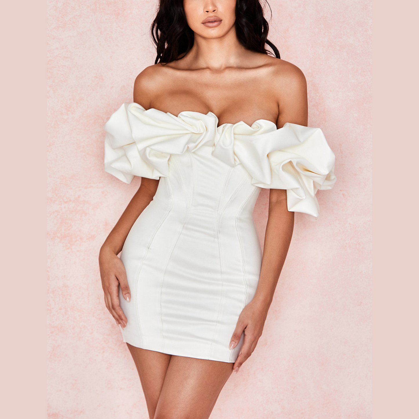 London - White Ruffle Off The Shoulder Mini Bodycon Dress - Model Mannequin