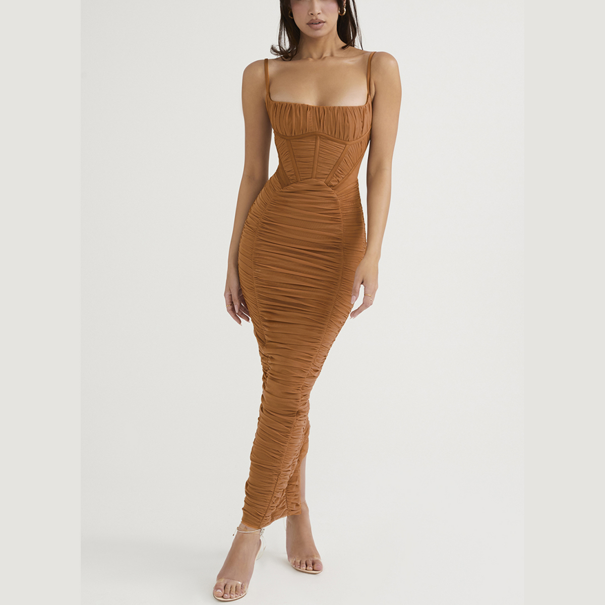 Hope - Brown Ruched Corset Bodycon Maxi Dress - Model Mannequin