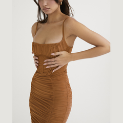 Hope - Brown Ruched Corset Bodycon Maxi Dress - Model Mannequin