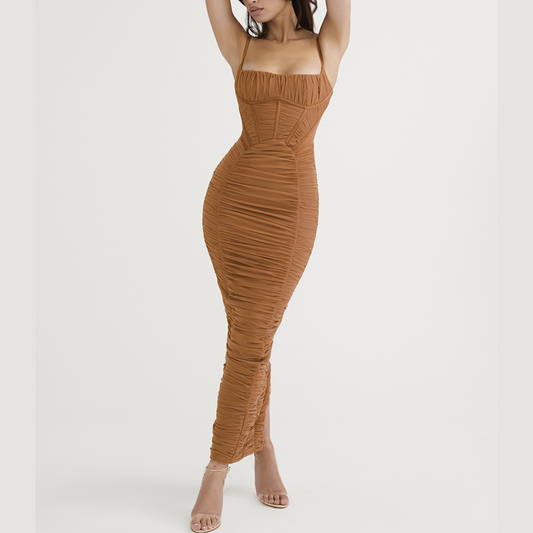 Hope - Brown Ruched Corset Bodycon Maxi Dress - Model Mannequin