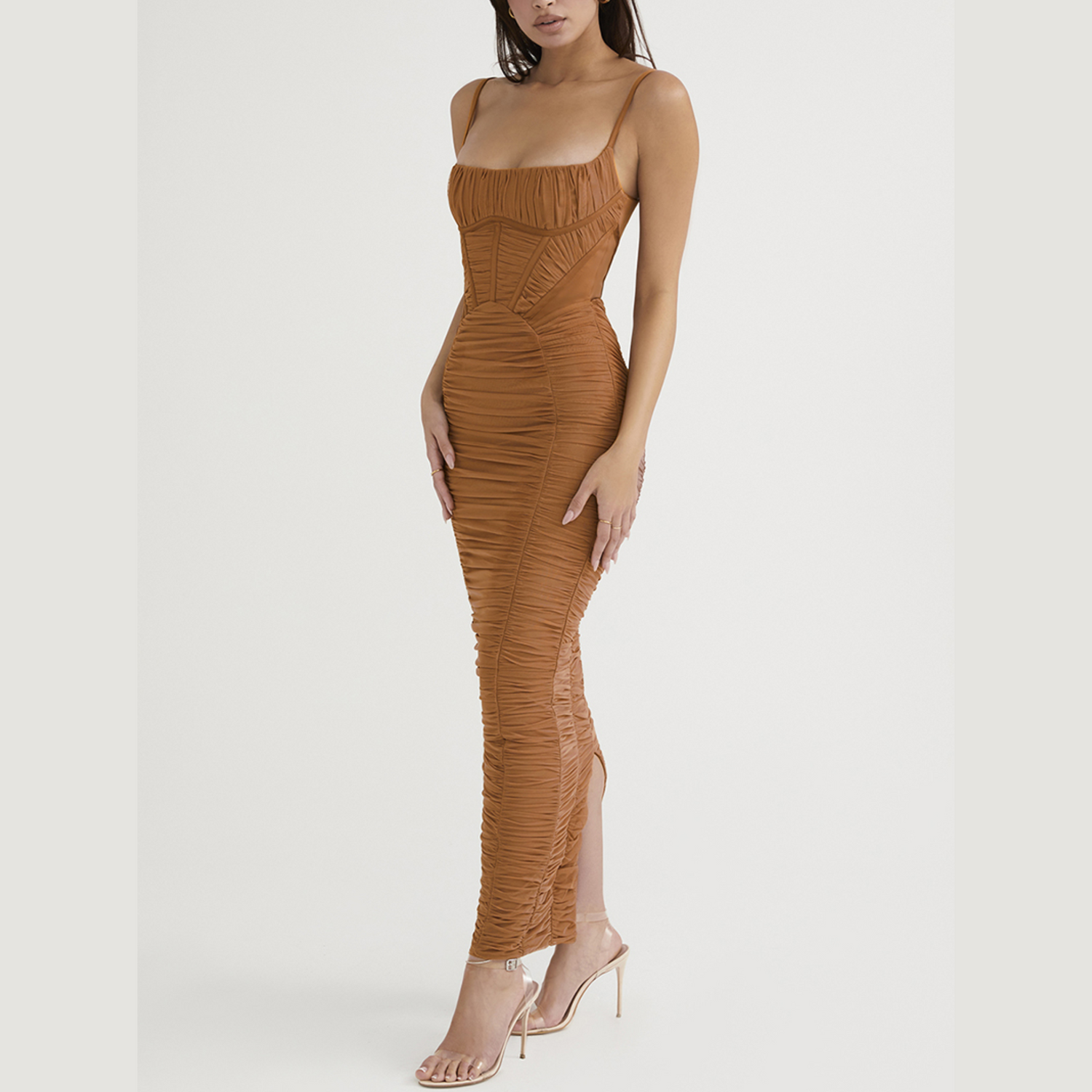 Hope - Brown Ruched Corset Bodycon Maxi Dress - Model Mannequin
