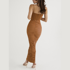 Hope - Brown Ruched Corset Bodycon Maxi Dress - Model Mannequin