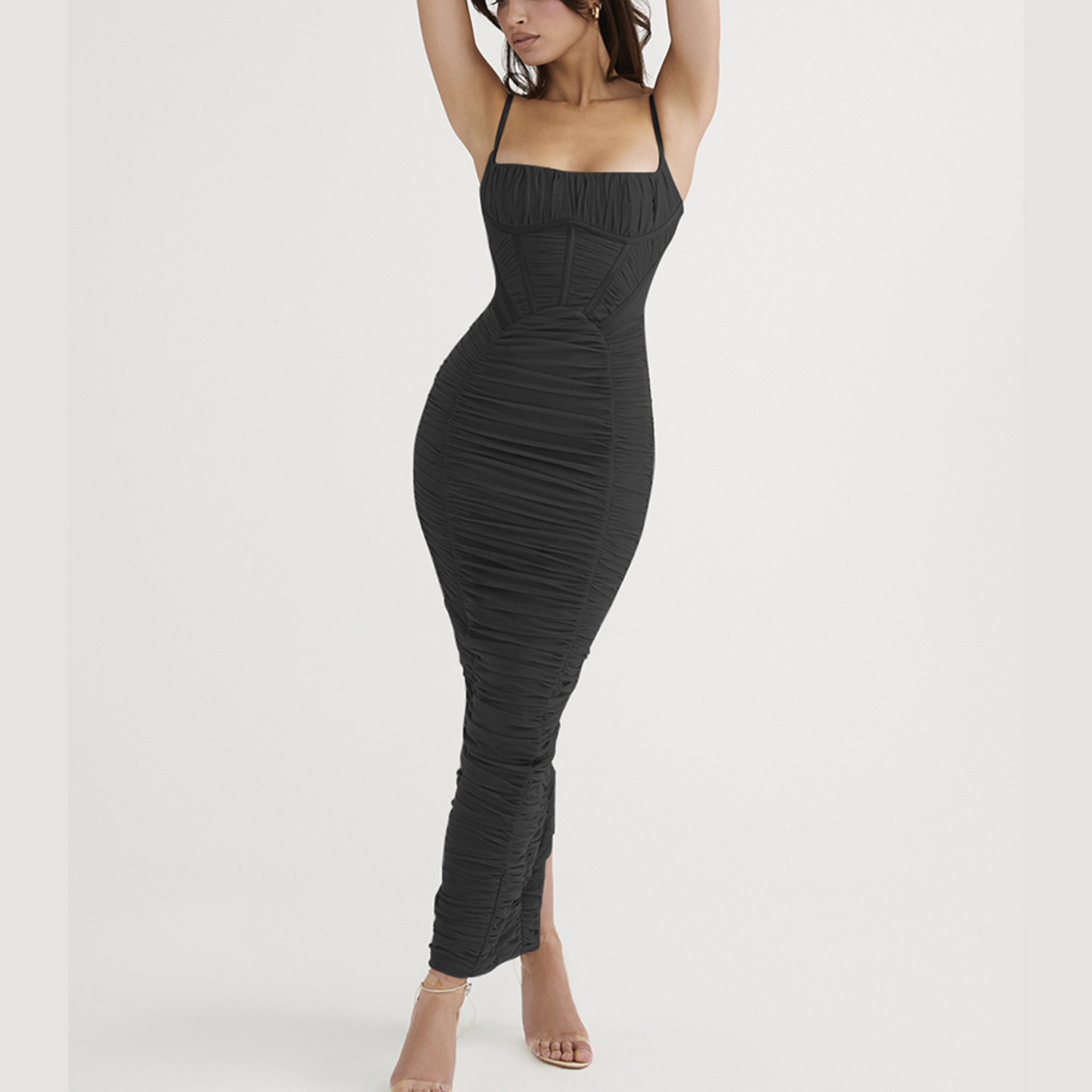 Hope - Black Ruched Corset Bodycon Maxi Dress - Model Mannequin