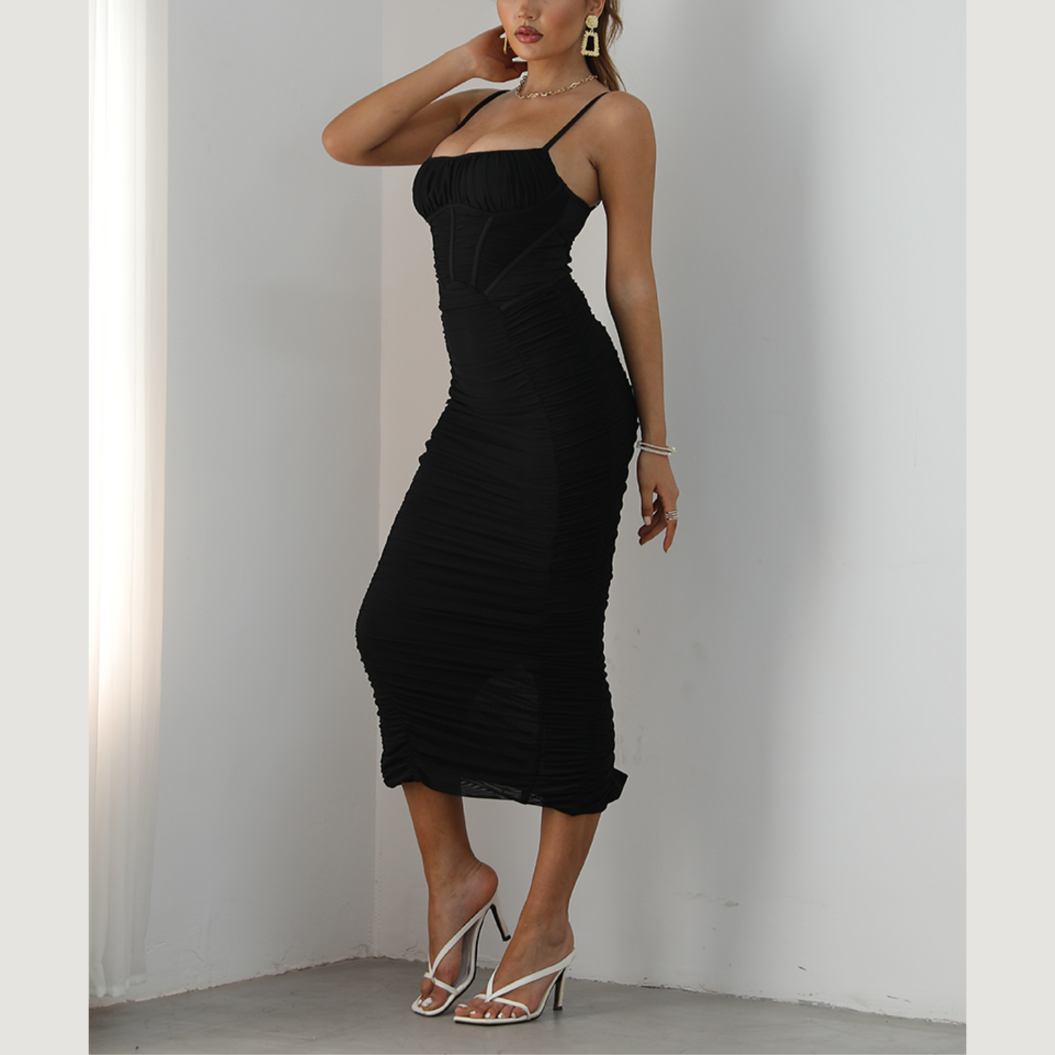 Hope - Black Ruched Corset Bodycon Maxi Dress - Model Mannequin