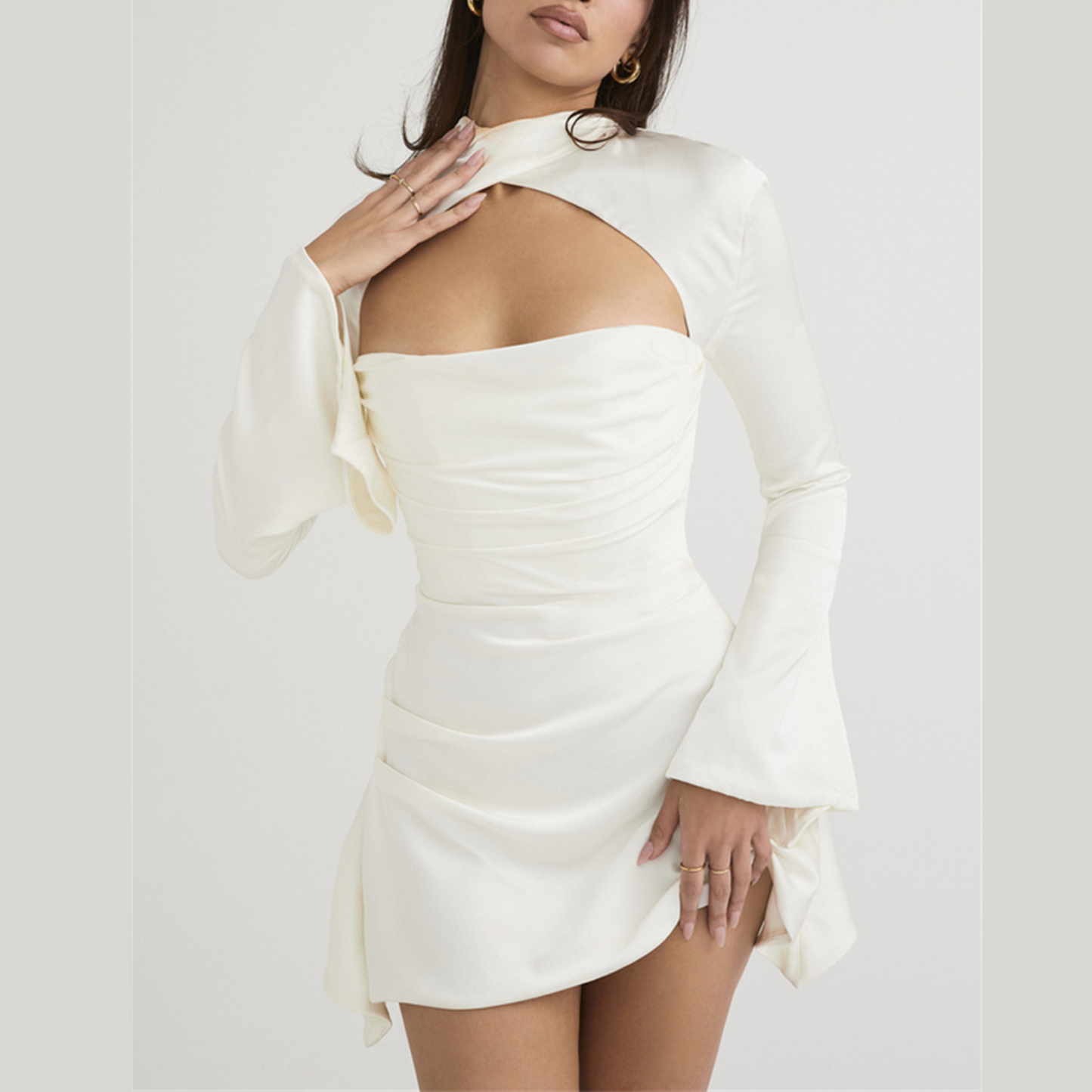 Andrea - White Draped Satin Mini Dress - Model Mannequin