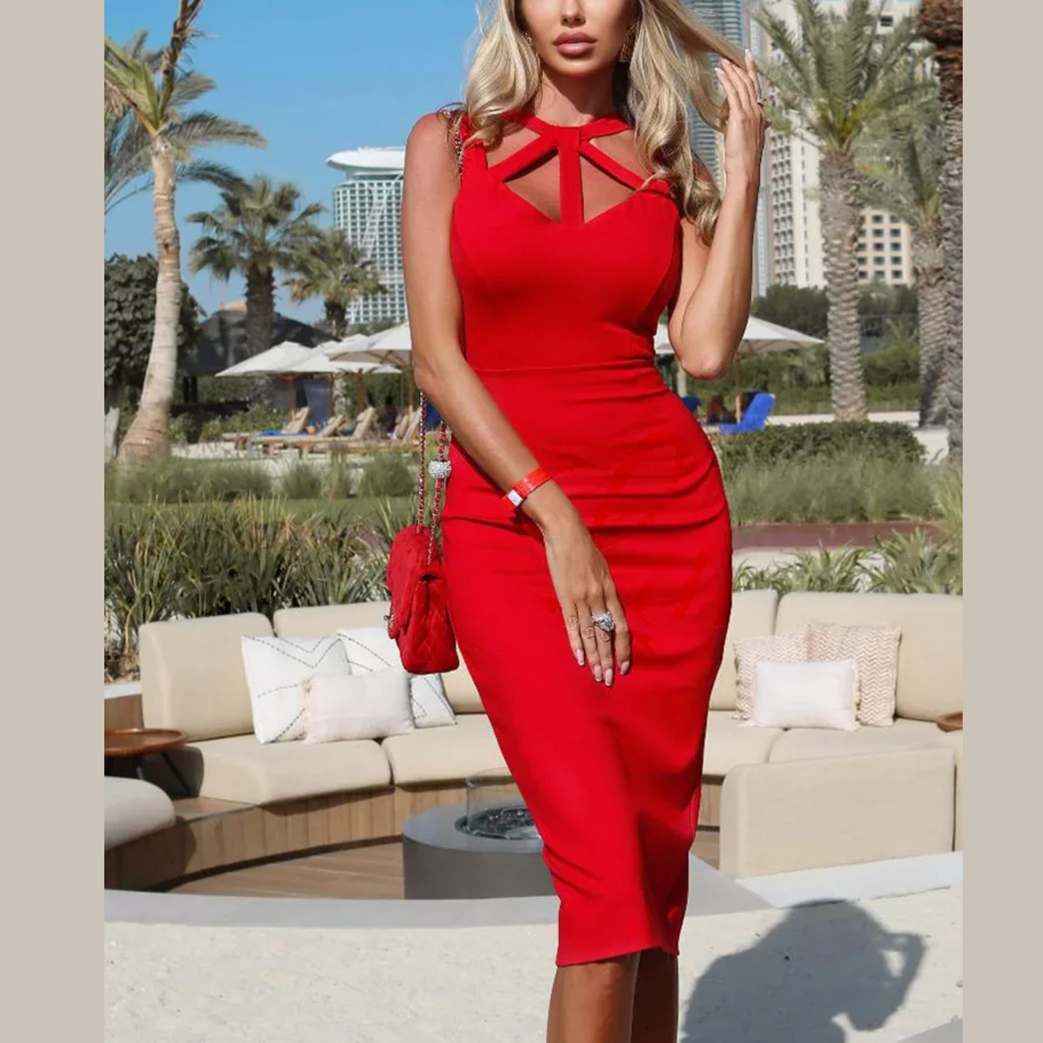 Talia - Red Strappy Neck Midi Bandage Dress - Model Mannequin