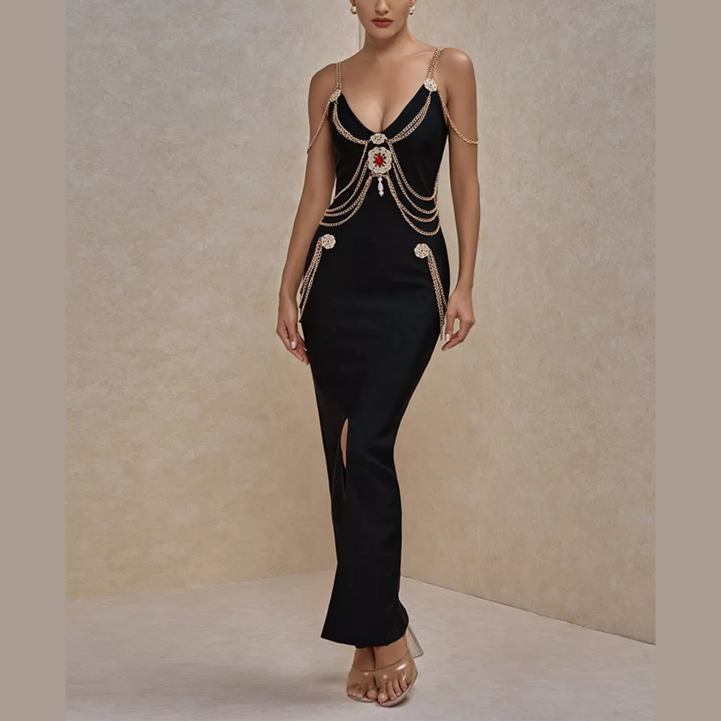 Gia - Black Chain Embellished Long Bandage Dress - Model Mannequin