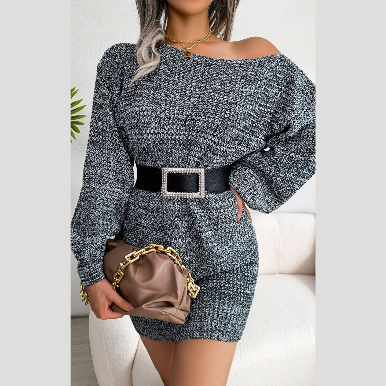 Soleil - Gray Off The Shoulder Mini Sweater Dress - Model Mannequin