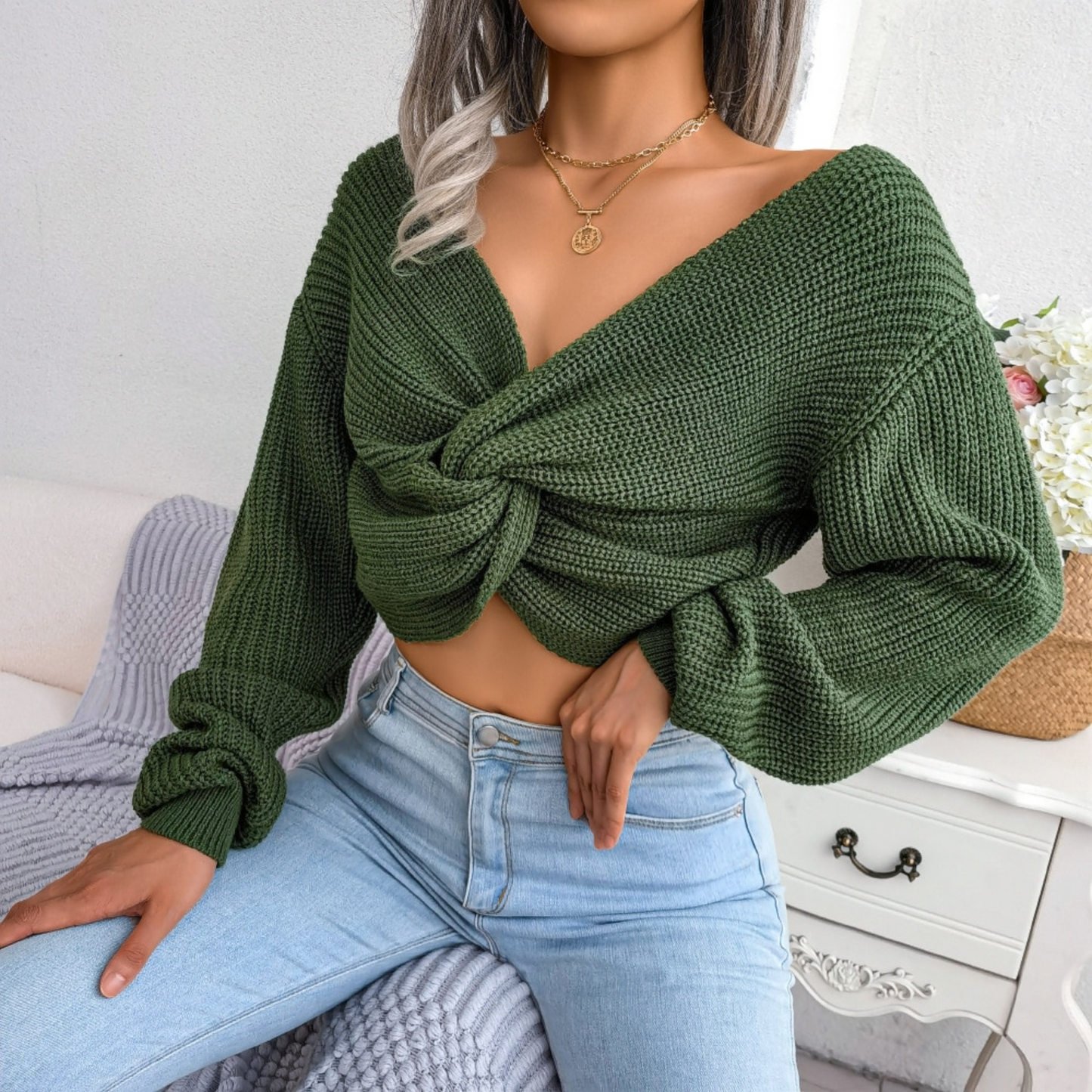 Kiera - Green Twisted Ribbed Crop Top - Model Mannequin