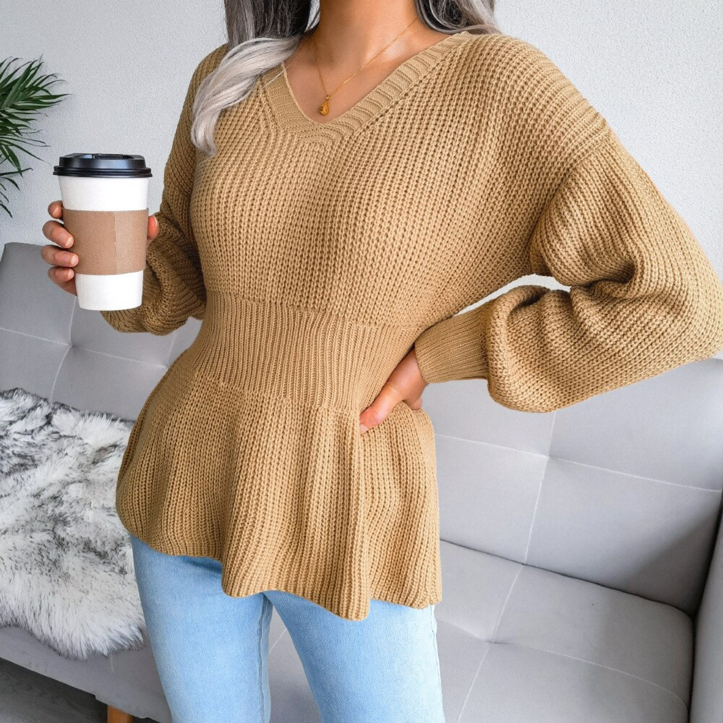 Luisa - Beige Ribbed Peplum Sweater Top - Model Mannequin