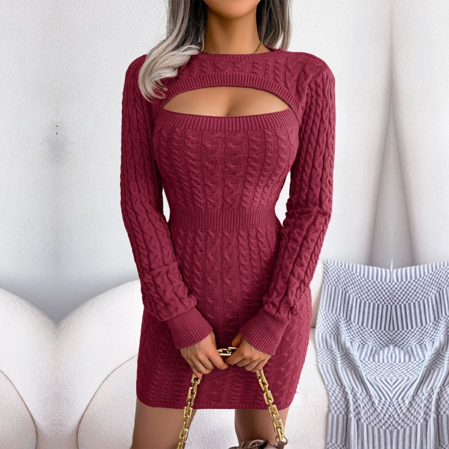 Loyalty - Burgundy Braided Cutout Knitted Dress - Model Mannequin