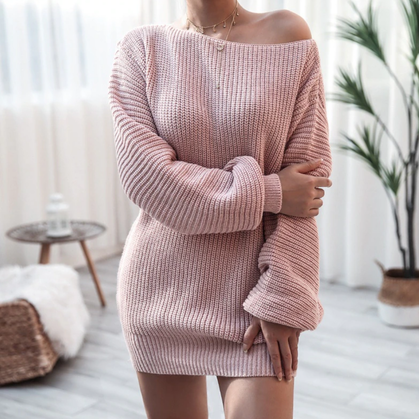 Jaylene - Pink Oversized Ribbed Sweater Dress - Model Mannequin