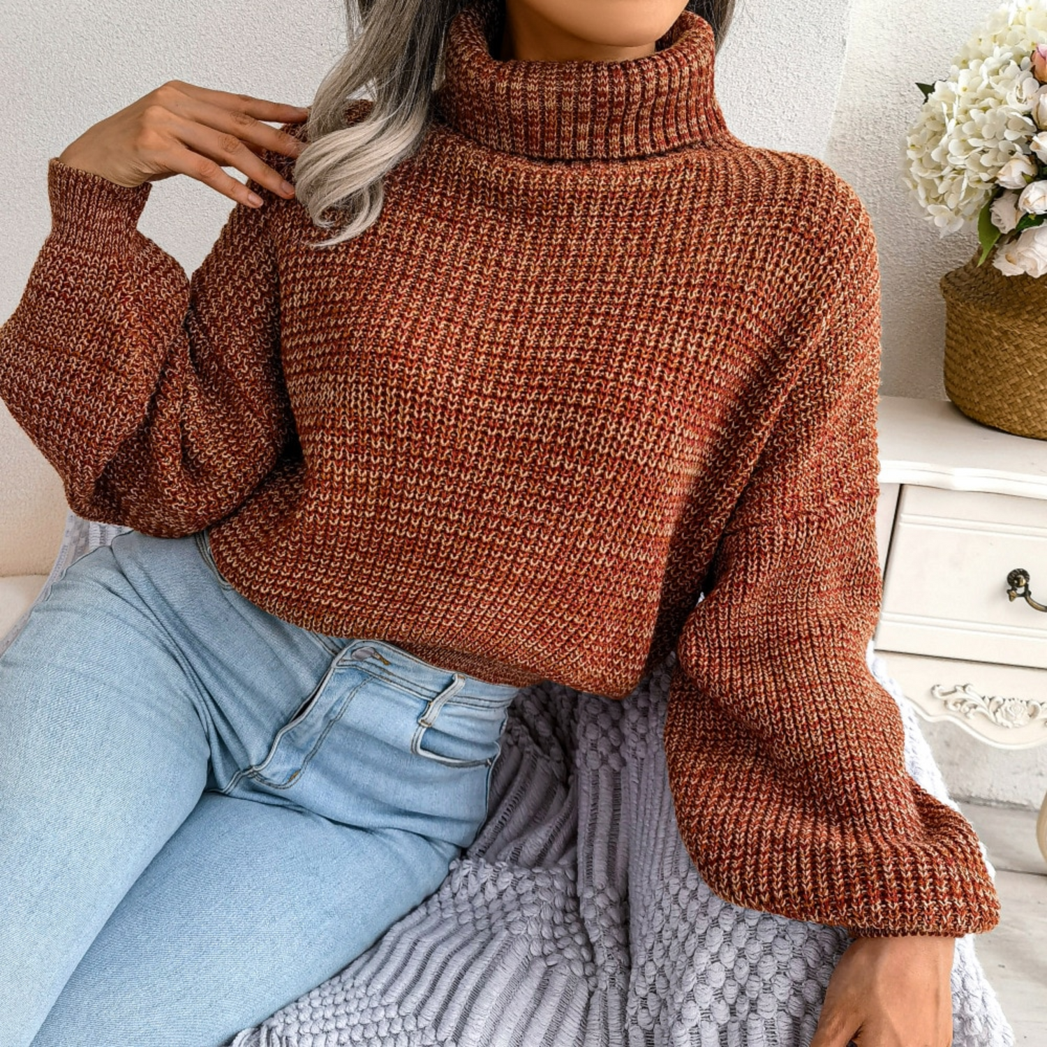 Soraya - Brown Knitted Turtleneck Sweater Top - Model Mannequin
