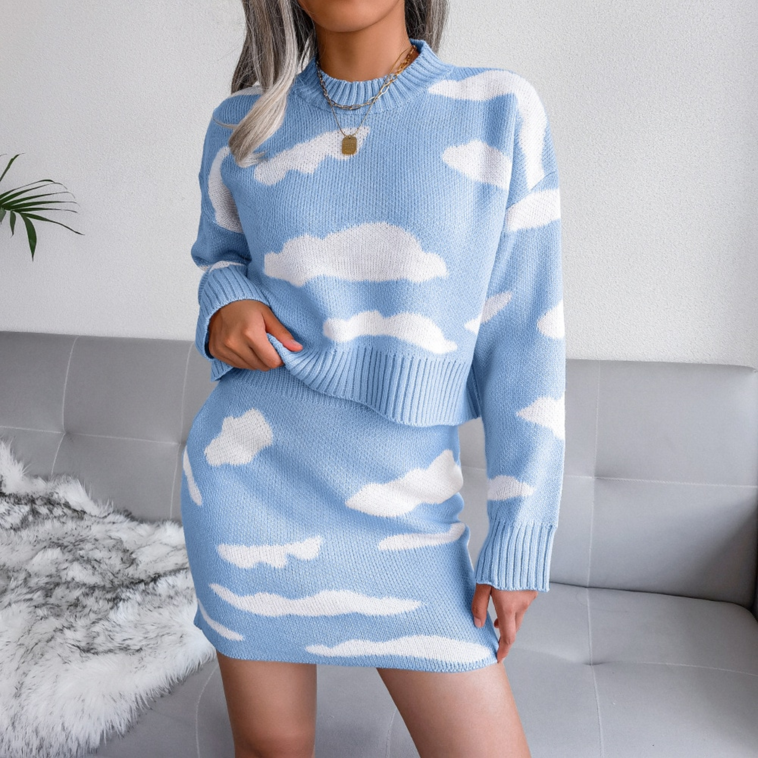 Sandra - Blue Cloud Print Knitted Two-Piece Skirt Set - Model Mannequin