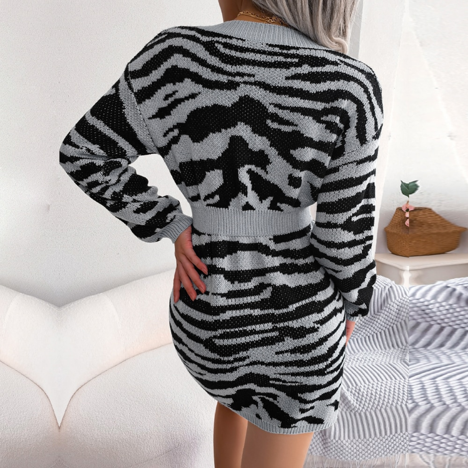 Vida - Gray Tiger Print Mini Bodycon Sweater Dress - Model Mannequin