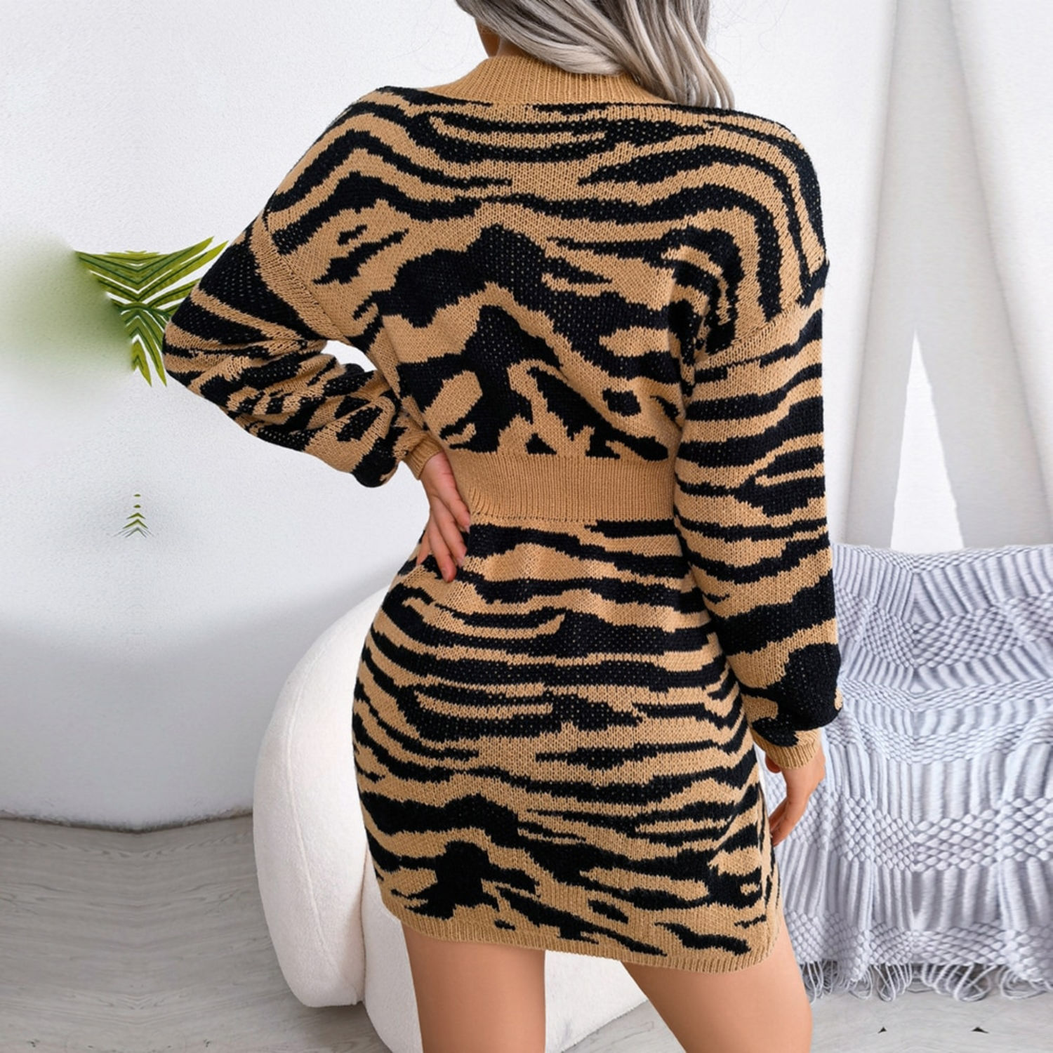 Vida - Beige Tiger Print Mini Bodycon Sweater Dress - Model Mannequin