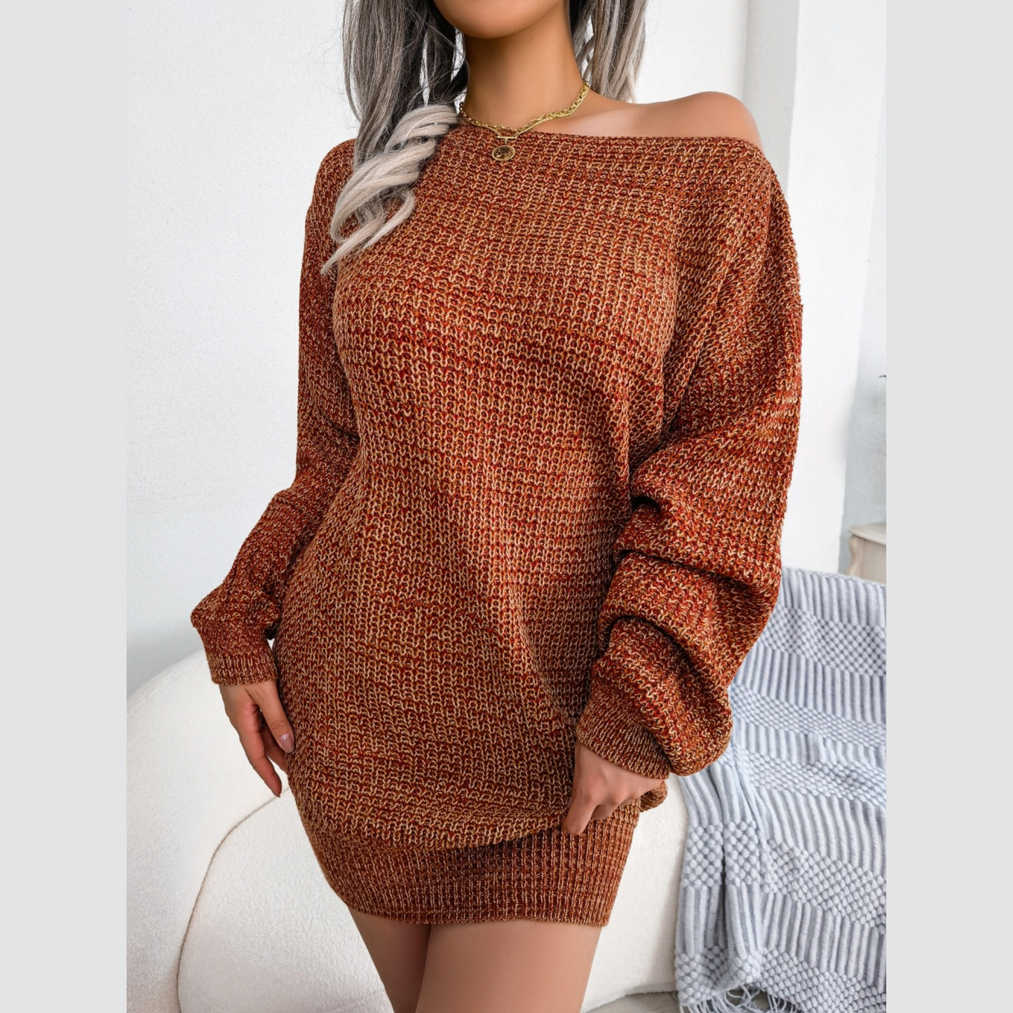 Soleil - Burnt Orange Off The Shoulder Mini Sweater Dress - Model Mannequin
