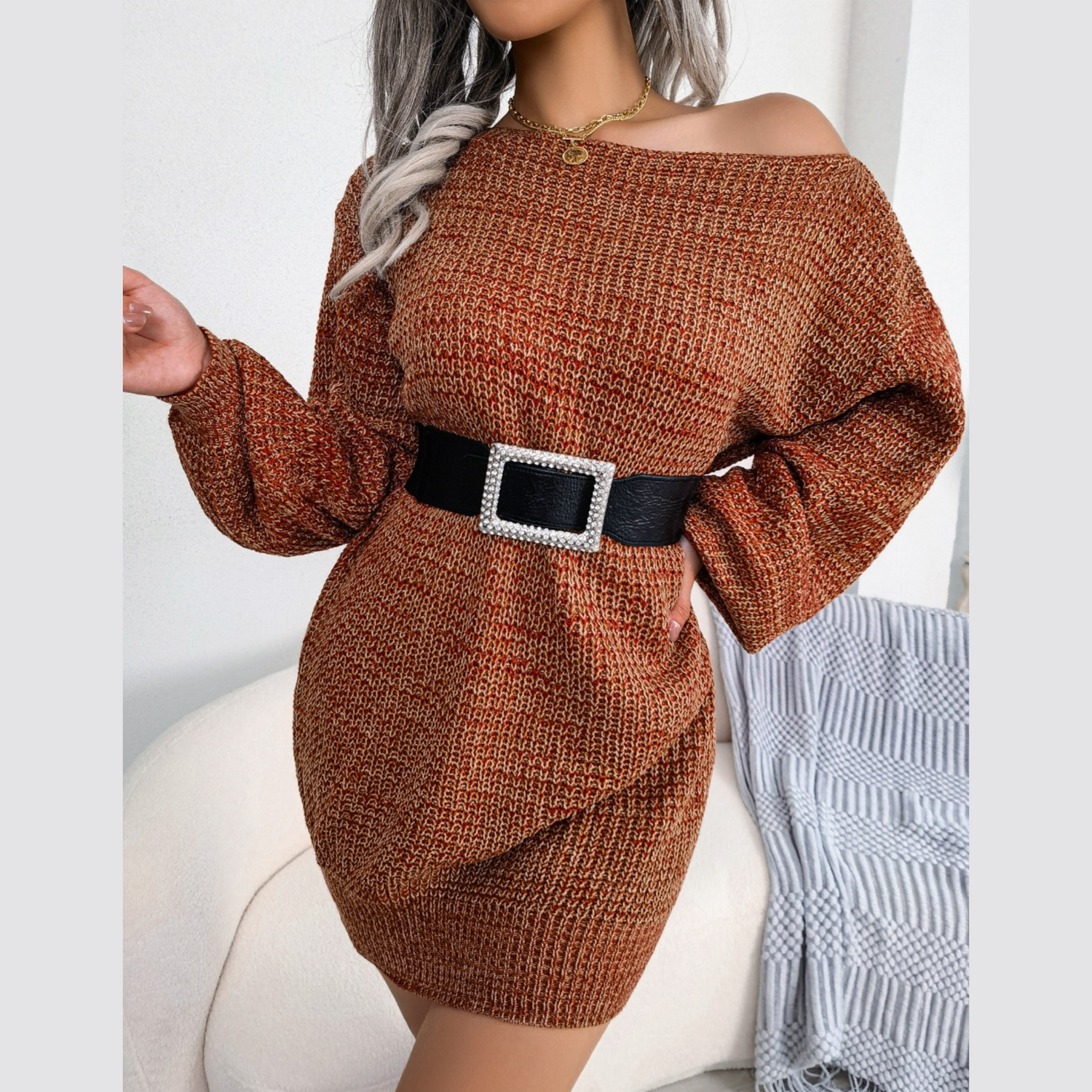 Soleil - Burnt Orange Off The Shoulder Mini Sweater Dress - Model Mannequin