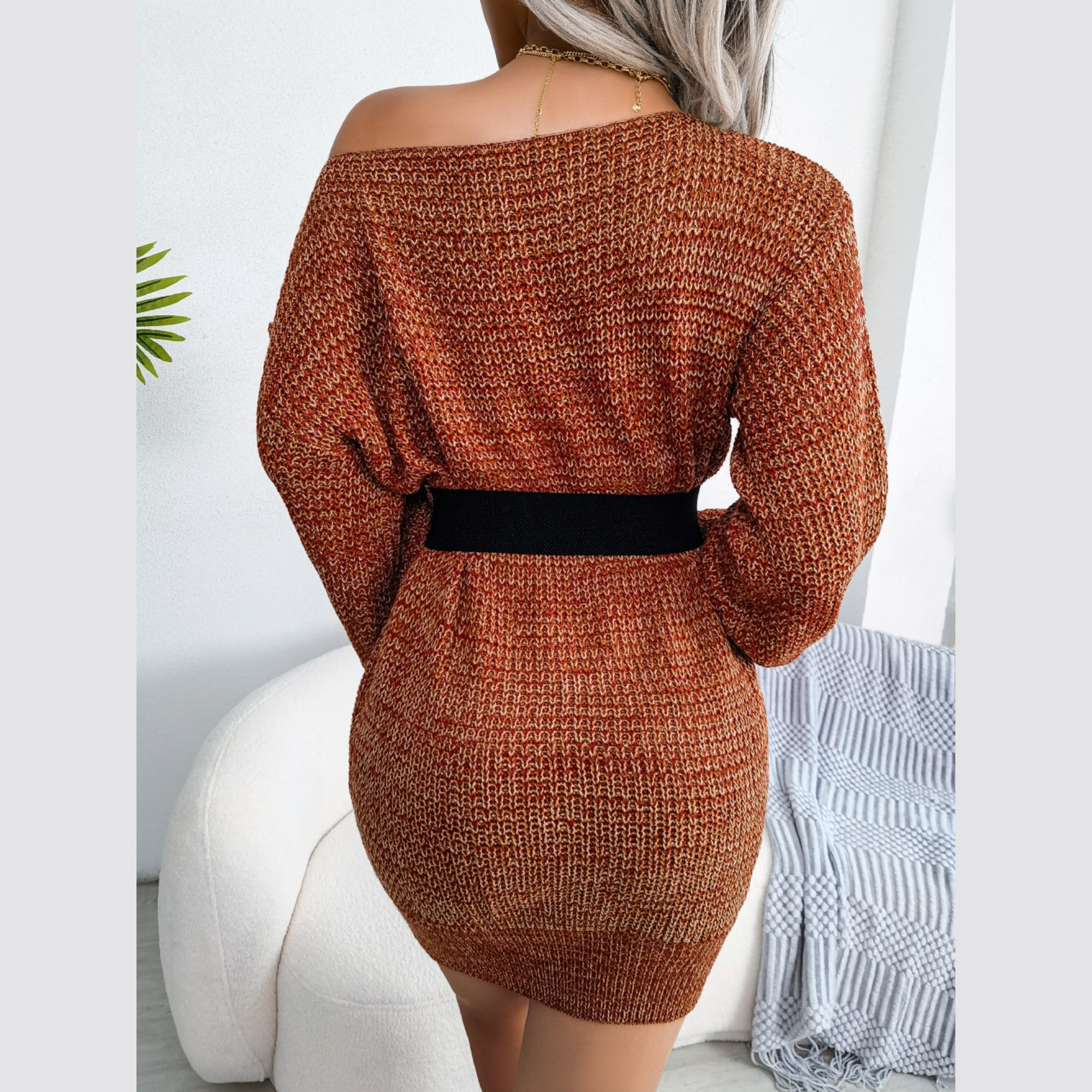 Soleil - Burnt Orange Off The Shoulder Mini Sweater Dress - Model Mannequin