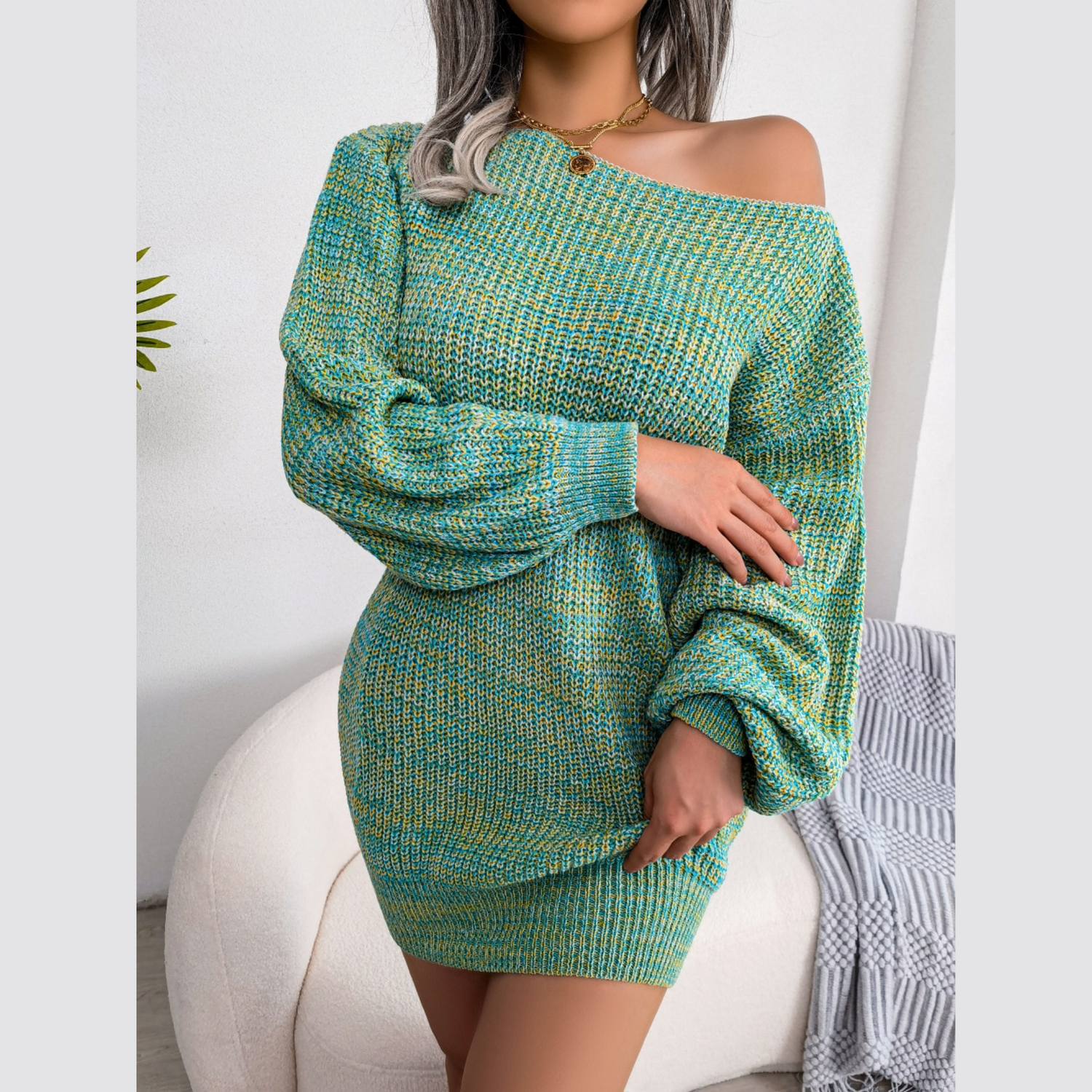Soleil - Turquoise Off The Shoulder Mini Sweater Dress - Model Mannequin