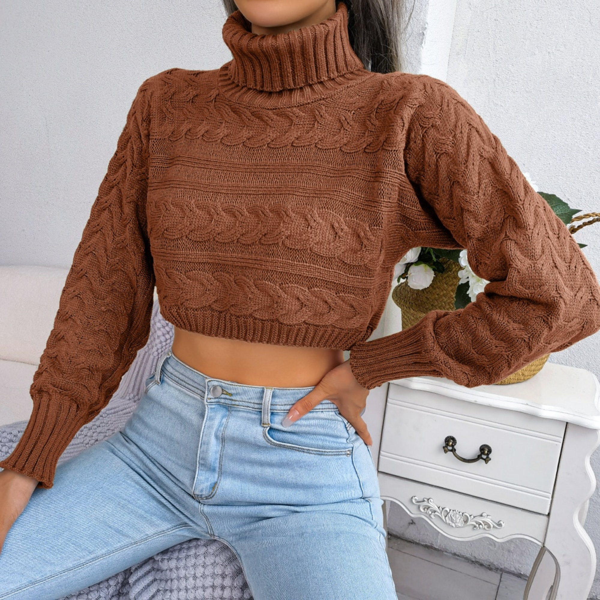 Zola - Brown Braided Turtleneck Crop Top - Model Mannequin