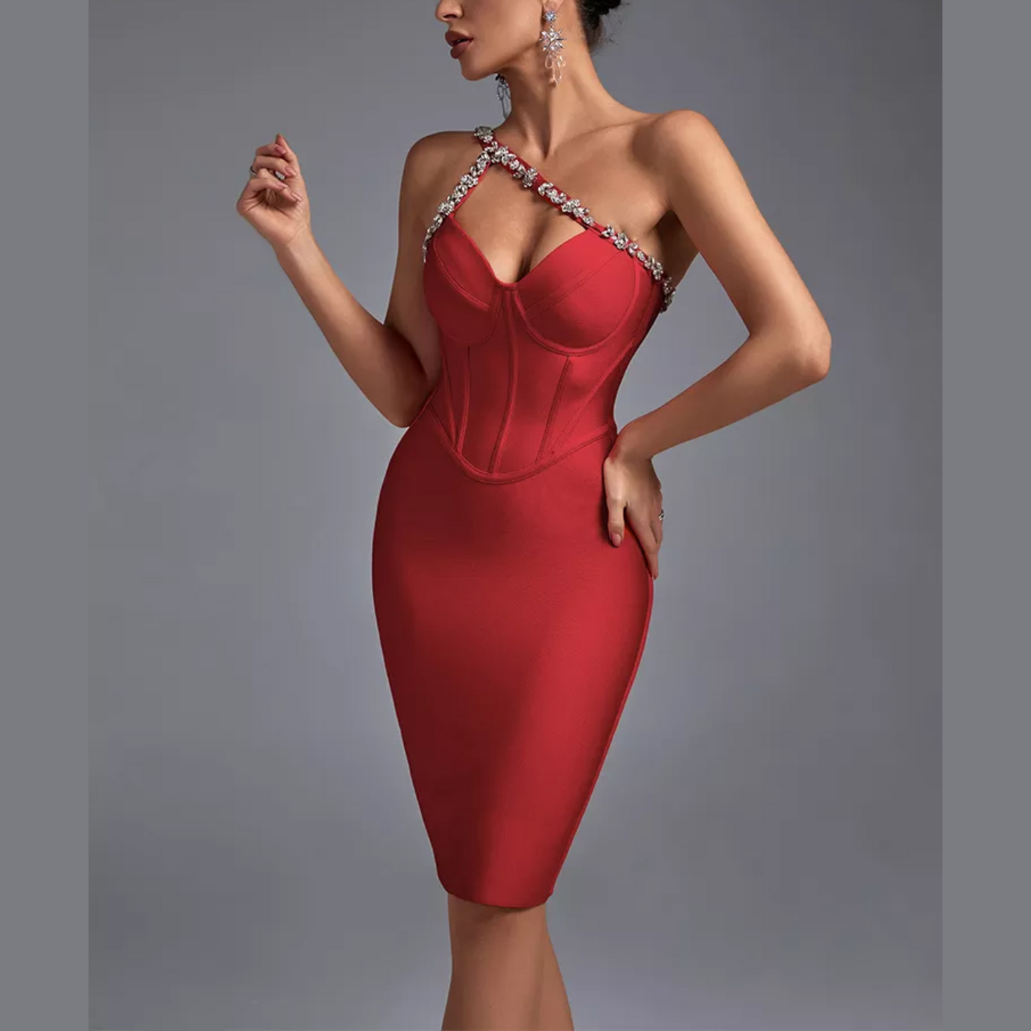 Anika - Red Embellished One Shoulder Mini Bandage Dress - Model Mannequin