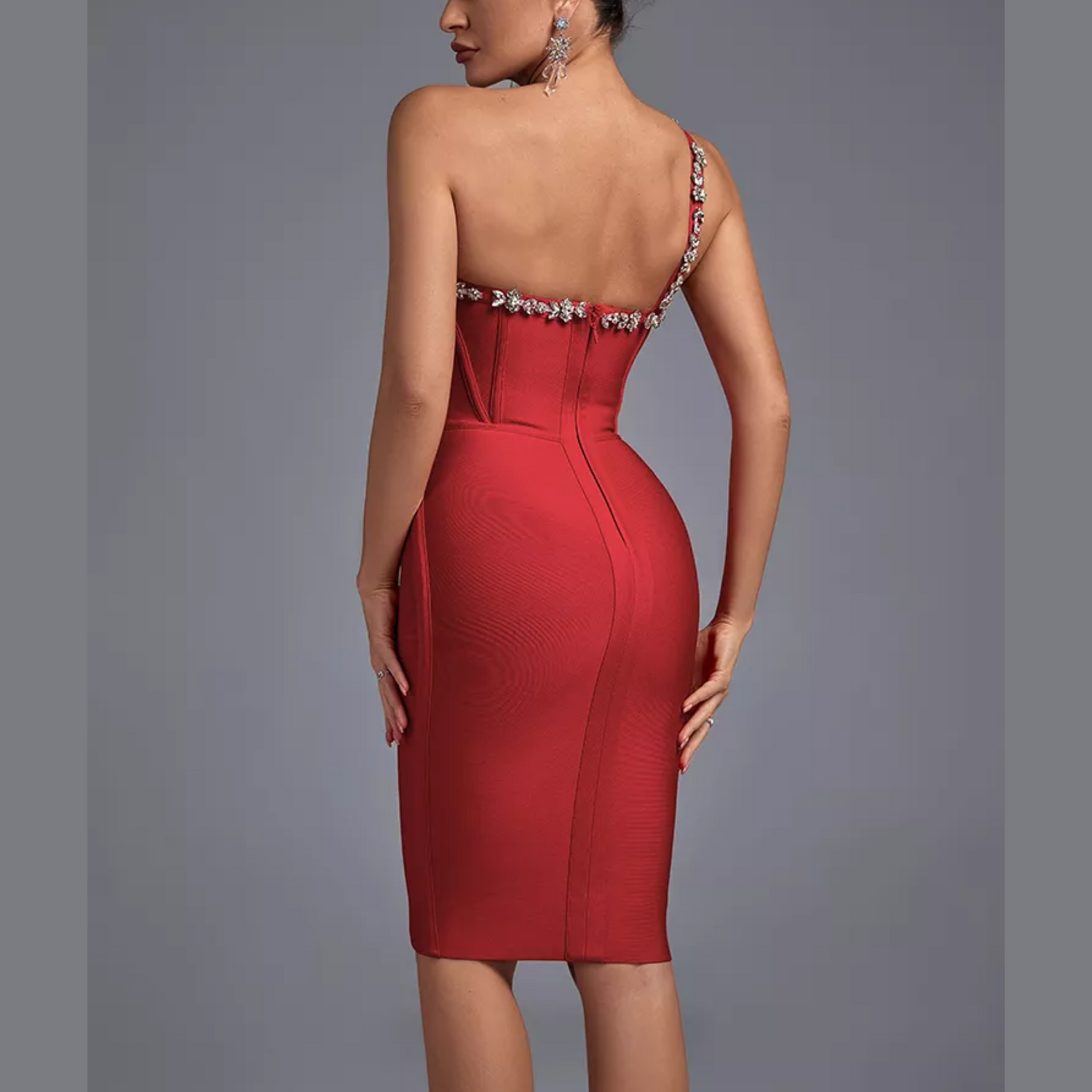 Anika - Red Embellished One Shoulder Mini Bandage Dress - Model Mannequin