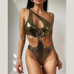 Seliza - Gold Metallic Cutout Swimsuit Set - Model Mannequin