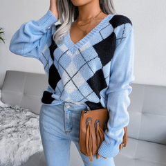 Paula - Blue Argyle Knitted V-Neck Sweater Top - Model Mannequin