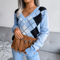 Paula - Blue Argyle Knitted V-Neck Sweater Top - Model Mannequin