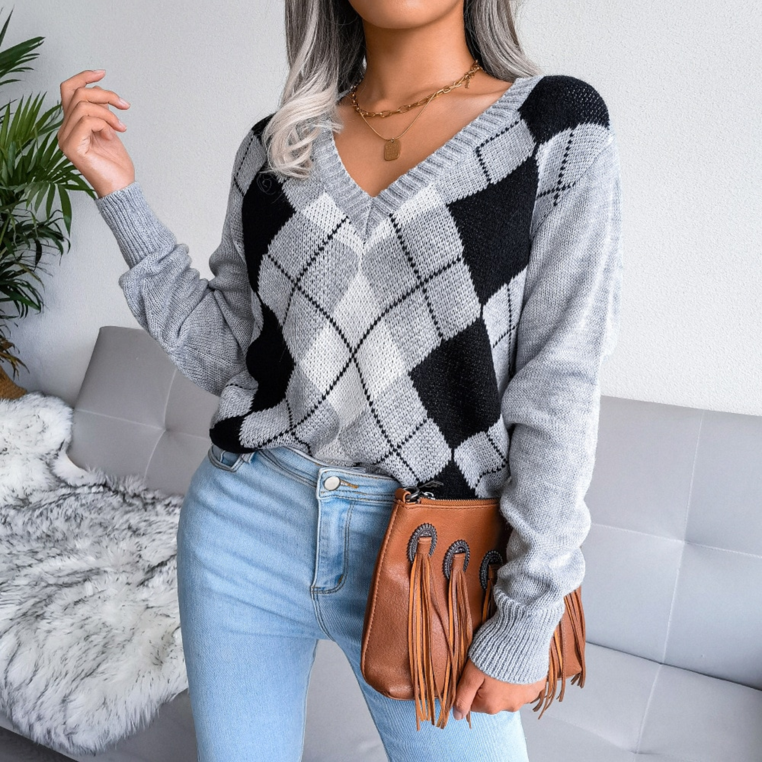 Paula - Gray Argyle Knitted V-Neck Sweater Top - Model Mannequin