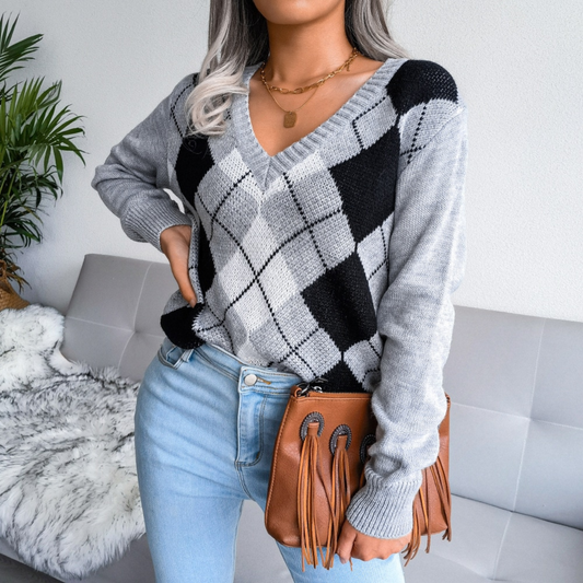 Paula - Gray Argyle Knitted V-Neck Sweater Top - Model Mannequin