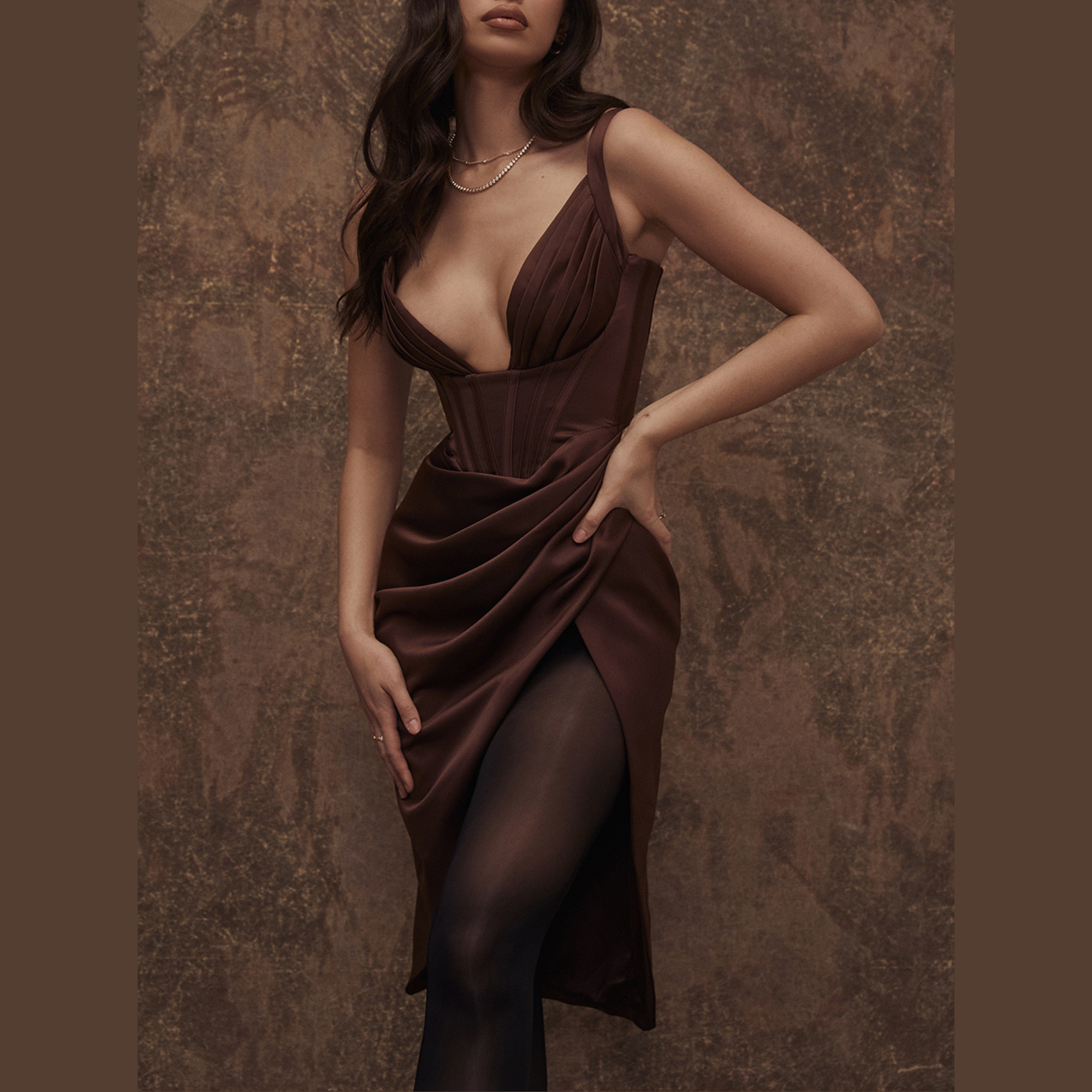 Chantel - Brown Draped Satin Bodycon Dress - Model Mannequin