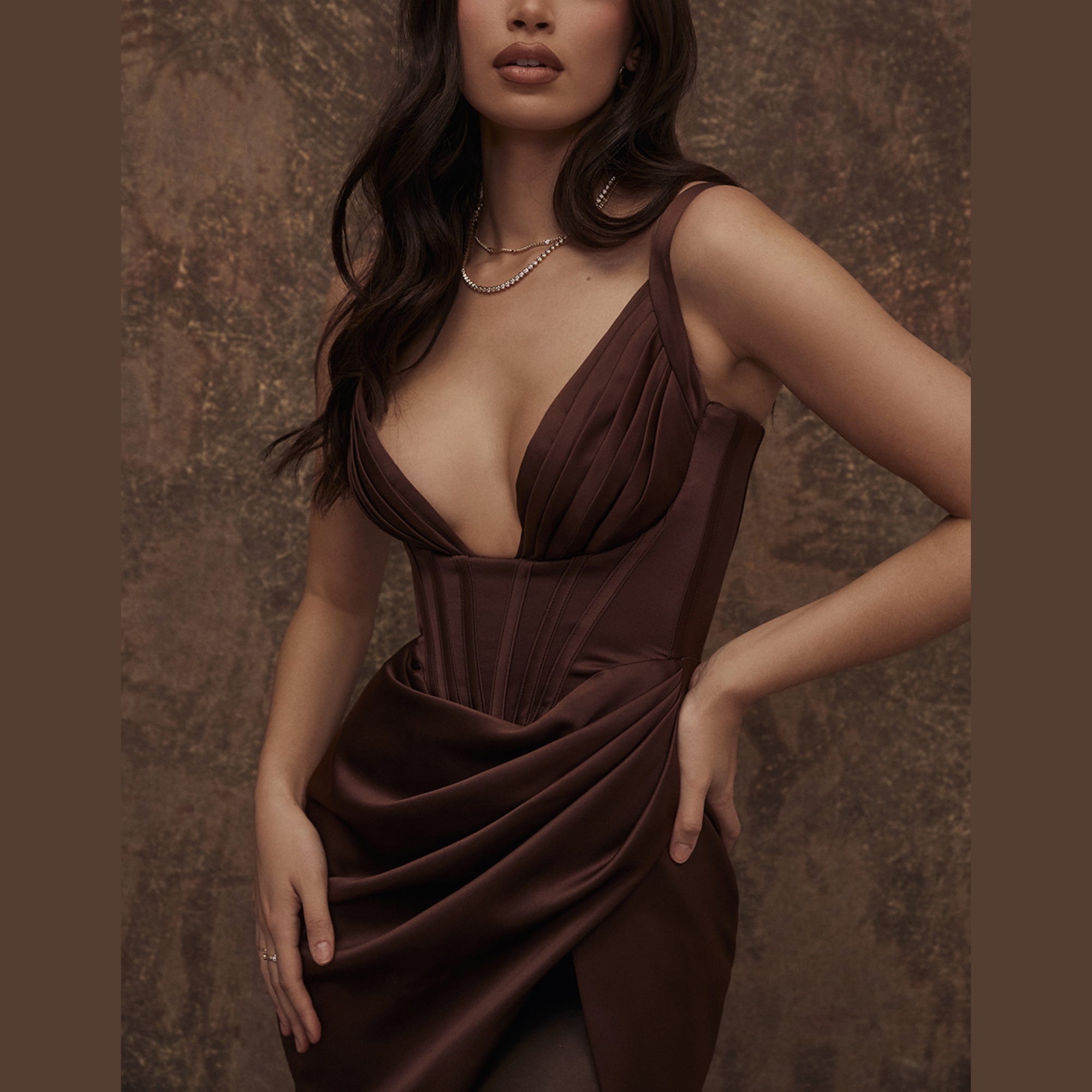 Chantel - Brown Draped Satin Bodycon Dress - Model Mannequin