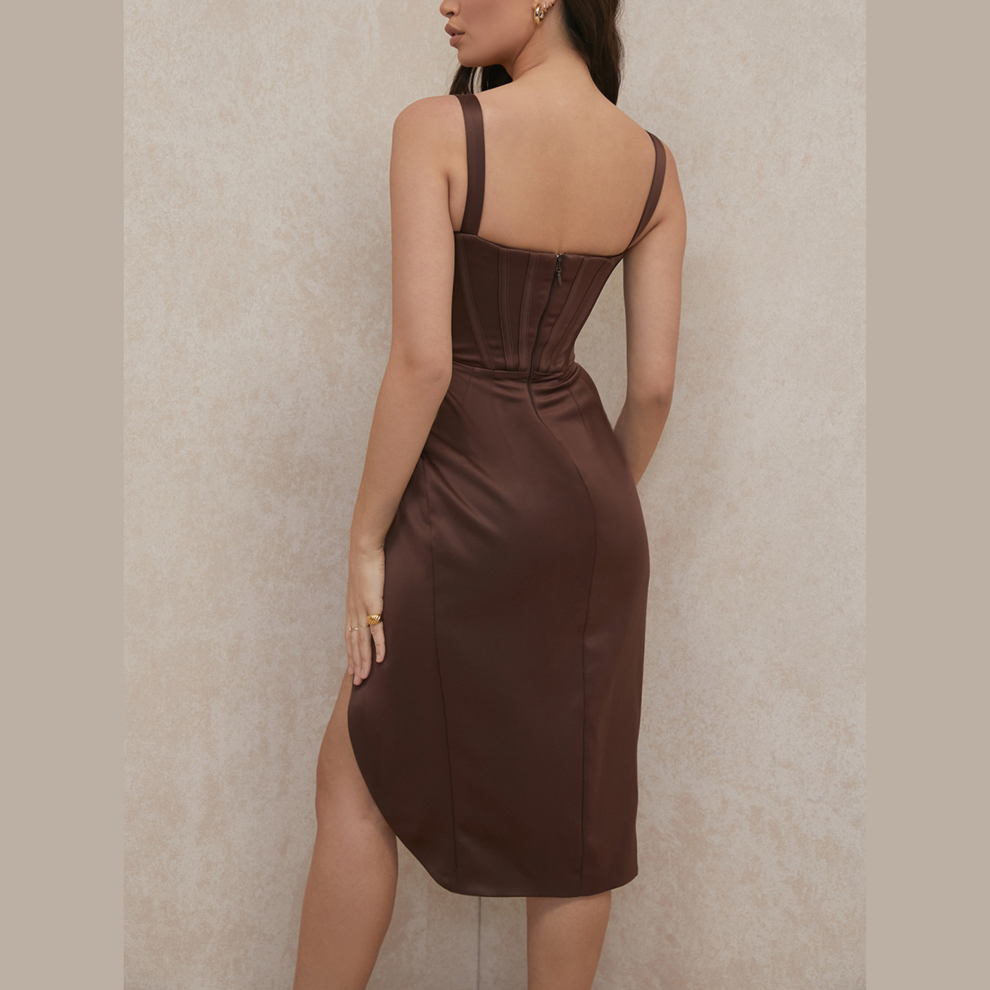 Chantel - Brown Draped Satin Bodycon Dress - Model Mannequin