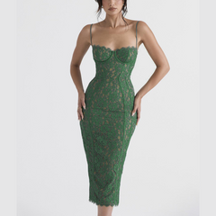 Nadine - Green Lace Corset Midi Dress - Model Mannequin