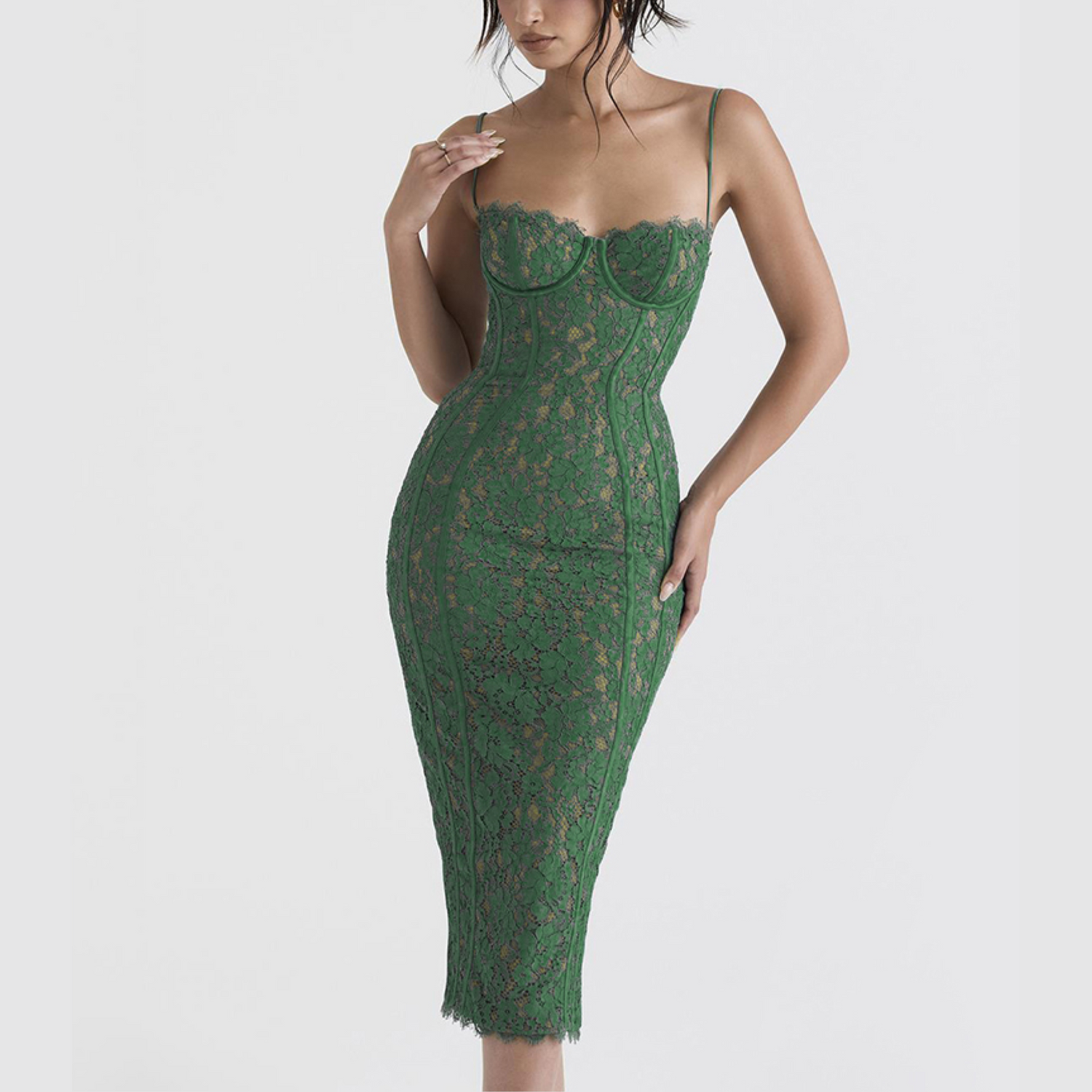Nadine - Green Lace Corset Midi Dress - Model Mannequin