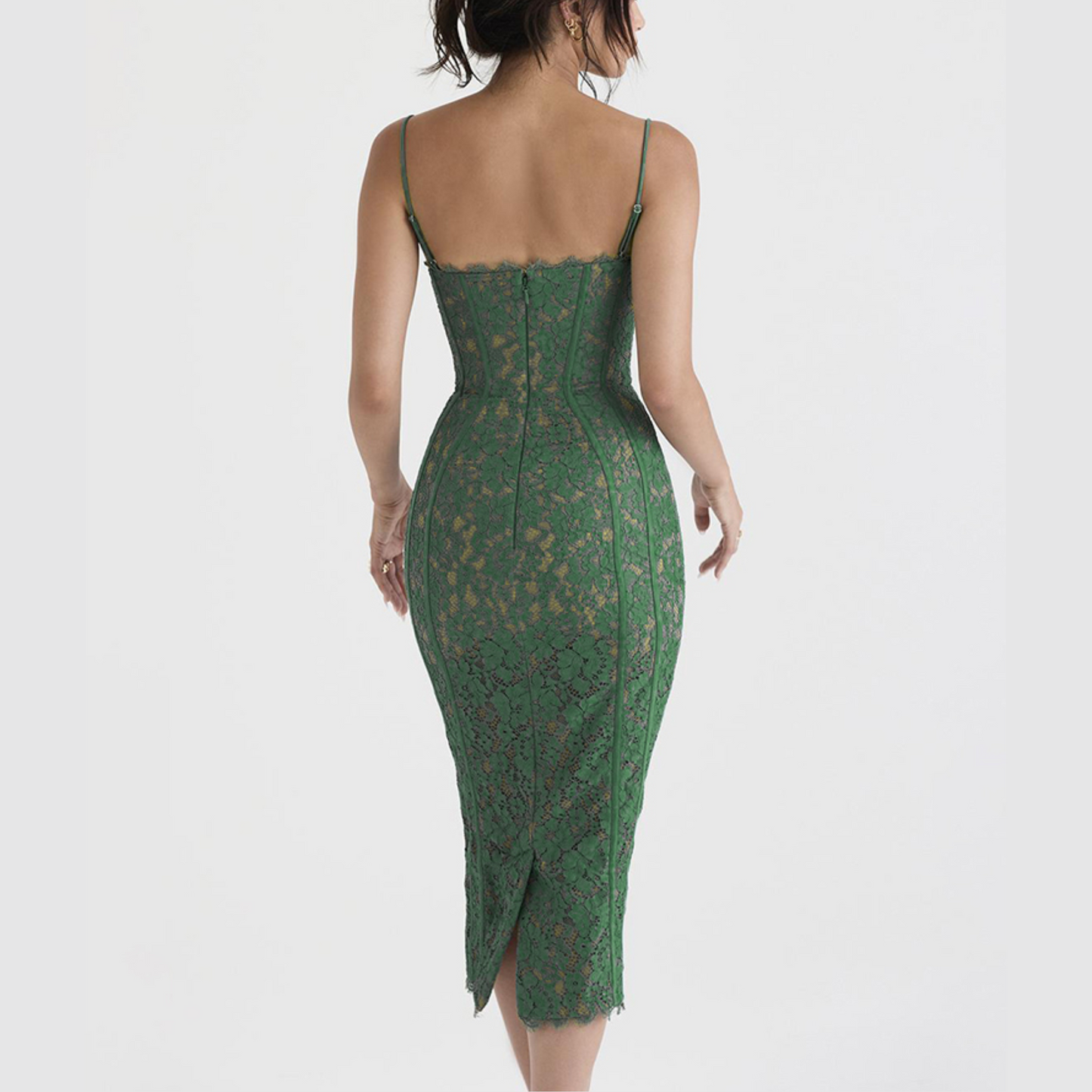 Nadine - Green Lace Corset Midi Dress - Model Mannequin