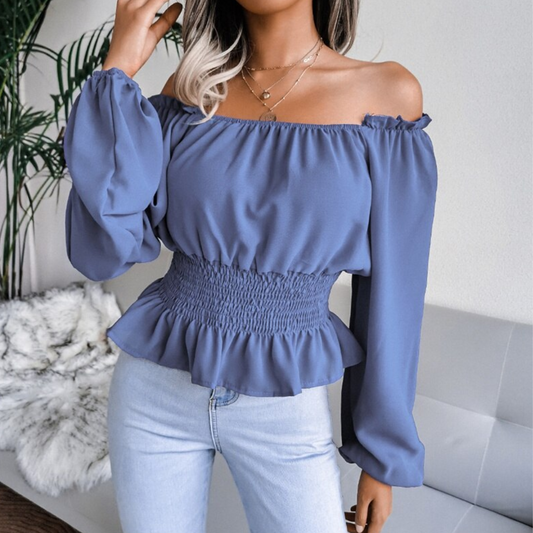 Tess - Blue Shirred Off The Shoulder Peplum Top - Model Mannequin