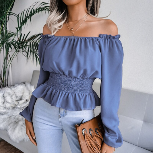 Tess - Blue Shirred Off The Shoulder Peplum Top - Model Mannequin