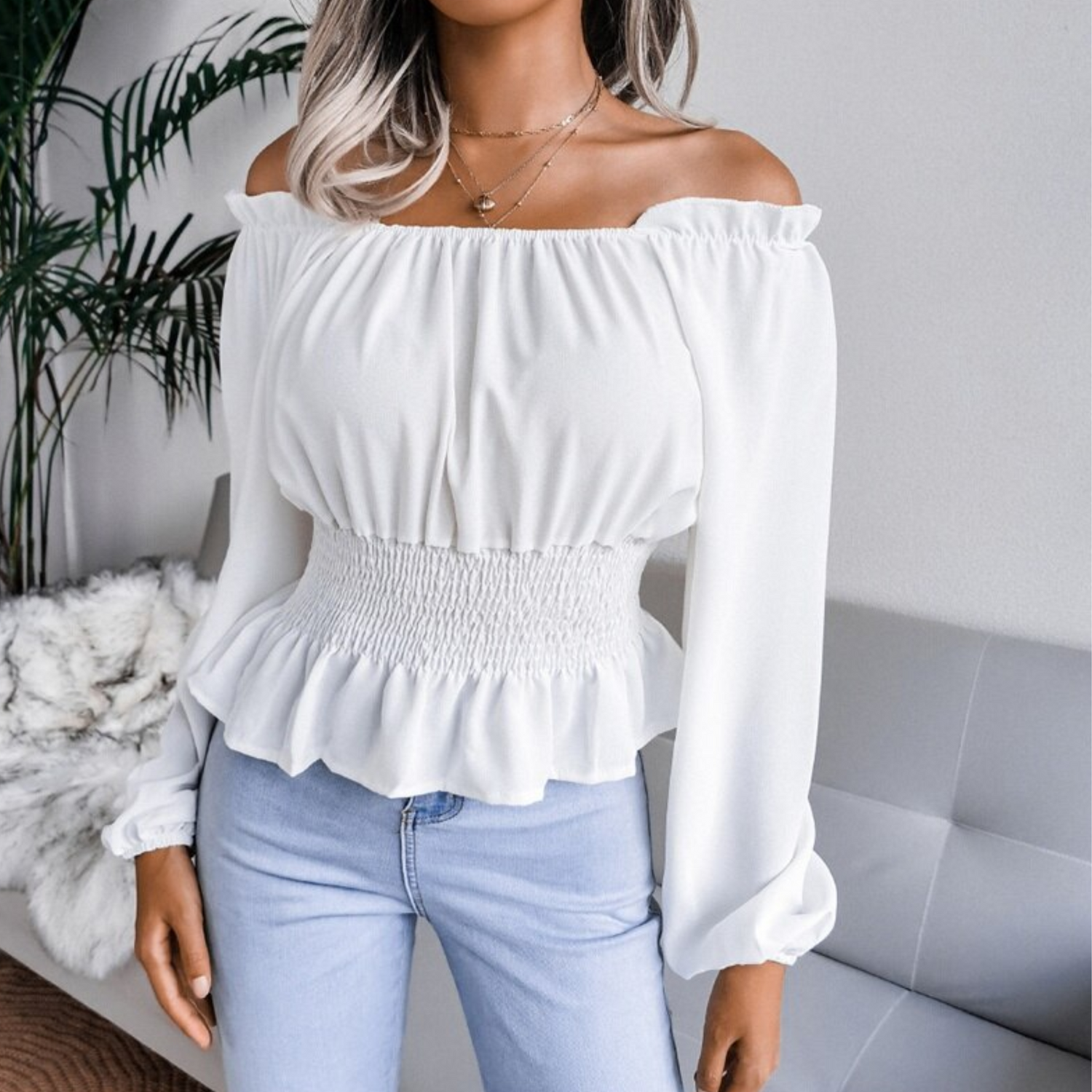 Tess - White Shirred Off The Shoulder Peplum Top - Model Mannequin
